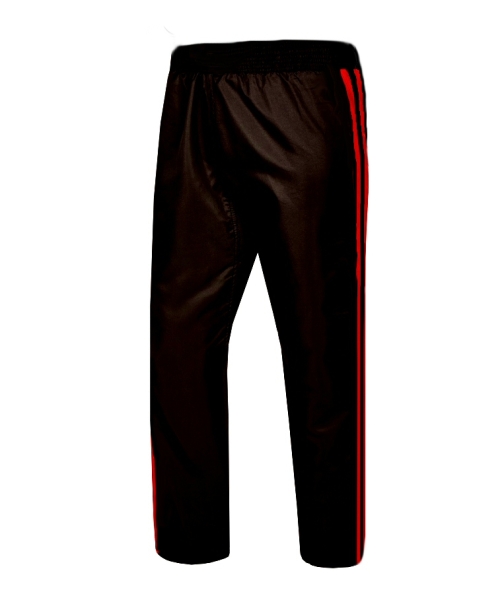 Budohose / Karatehose Mischgewebe, schwarz mit 2 roten Streifen