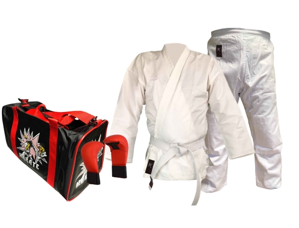 Karate Junior-Set: Karateanzug, Karate-Tasche und Faustschützer