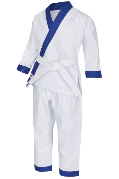Kinder Karate-Anzug weiß, mit blauem Revers, mit setlicher Schnürung