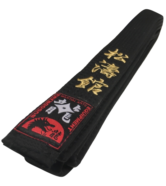 Schwarzgurt bestickt Shotokan (3 Zeichen) in gold / Kanji