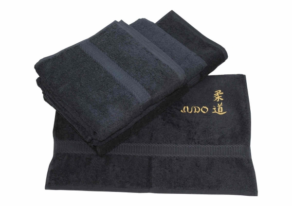 Handtuch / Duschtuch schwarz, bestickt gold Schrift / Zeichen Judo