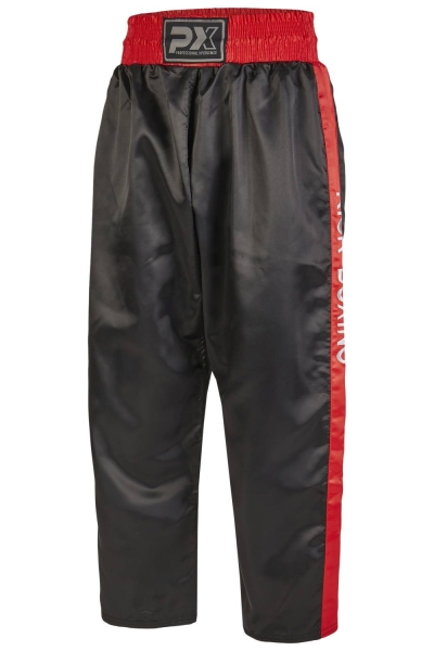 Kickboxing Hose lang, schwarz mit roten Streifen + Bestickung KICK-BOXING