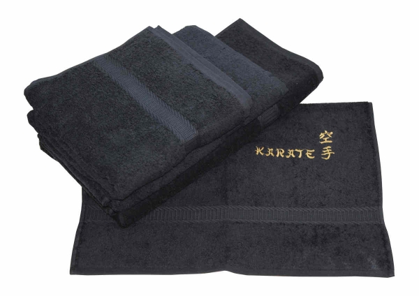 Handtuch / Duschtuch schwarz, bestickt gold Schrift / Zeichen Karate