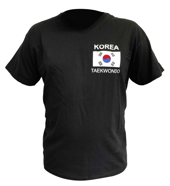 Taekwondo T-Shirt KOREA + Flagge schwarz mit Brust-Flockdruck