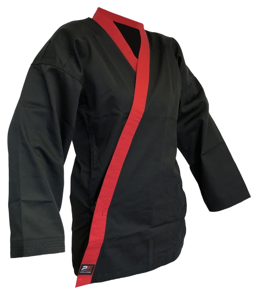 Karate-Anzug schwarz, mit rotem Revers, seitliche Schnürung
