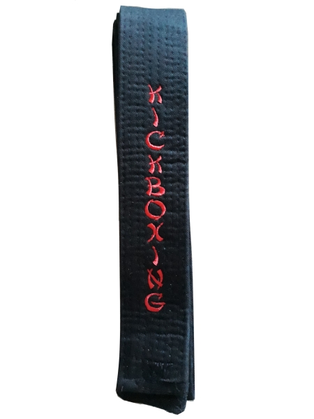 Schwarzgurt 5 cm breit bestickt Kickboxing in rot 250 (%SALE)