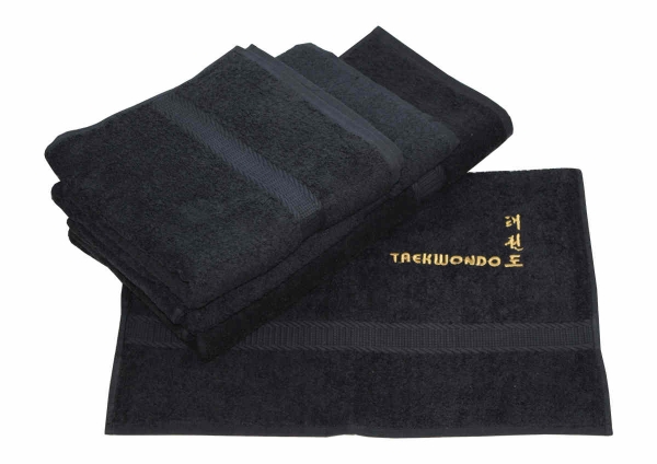 Handtuch / Duschtuch schwarz, bestickt gold Schrift / Zeichen Taekwondo