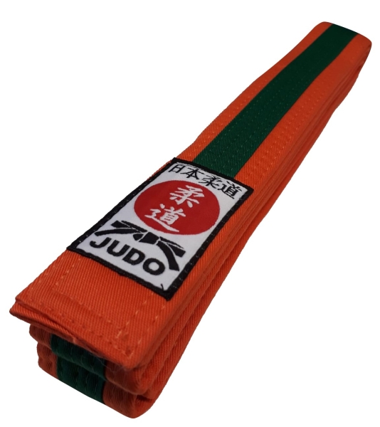 Judogürtel orange-grün Mittelstreifen mit Judo-Label