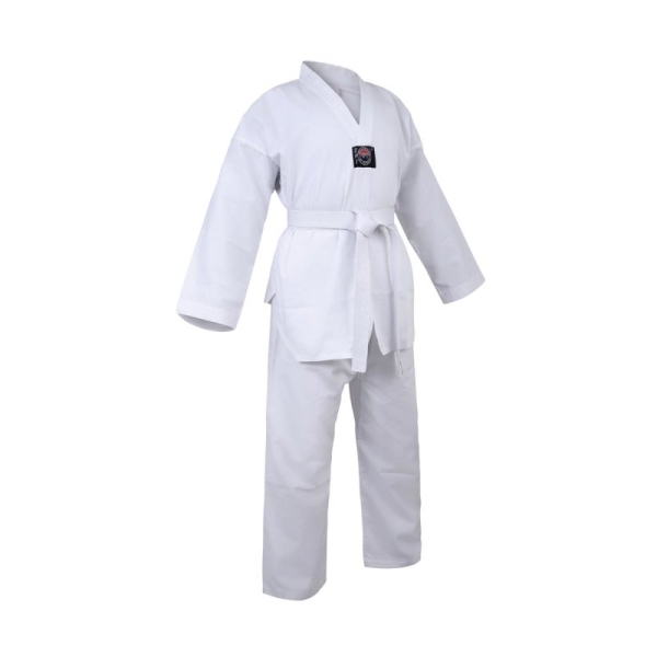 Taekwondo-Anzug Korea III mit Rückendruck, weißes Revers, Ripp-Gewebe (Mischgewebe)