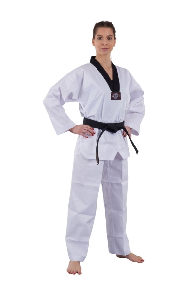 Taekwondo-Anzug Korea Master, schwarzes Revers (Feinstruktur, Mischgewebe)