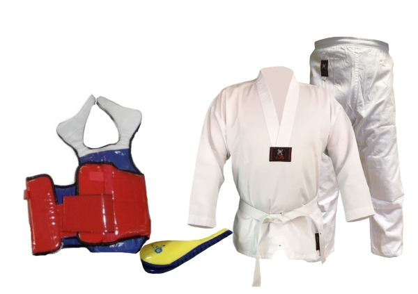 Taekwondo Junior-Set XXL: TKD-Anzug, Weißgurt, Kinder-Wendeweste, Klatschpratze speziell für Kinder