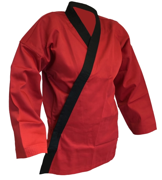 Karate-Anzug rot, mit schwarzem Revers, seitliche Schnürung