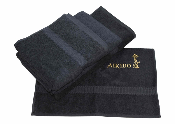 Handtuch / Duschtuch schwarz, bestickt gold Schrift / Zeichen Aikido