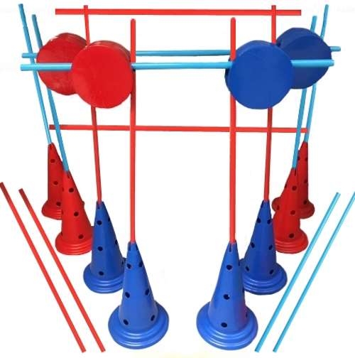 Drill Parkour & Sound Karate Set rot-blau: 16 Stangen, 8 Pylonen, 10 Clip Verbindungen, 4 Pratzen