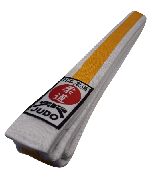 Judogürtel weiß-gelb Mittelstreifen mit Judo-Label