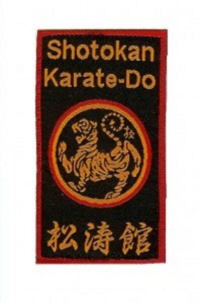 Shotokan Karate-Do Aufnäher schwarz-gold-rot klein, 3,8 x 7 cm