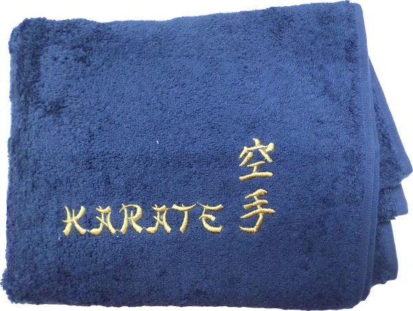 Handtuch / Duschtuch blau, bestickt Schrift / Zeichen Karate