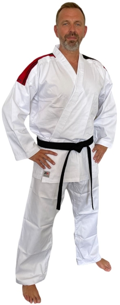 Karateanzug weiß mit roten Schulterstreifen